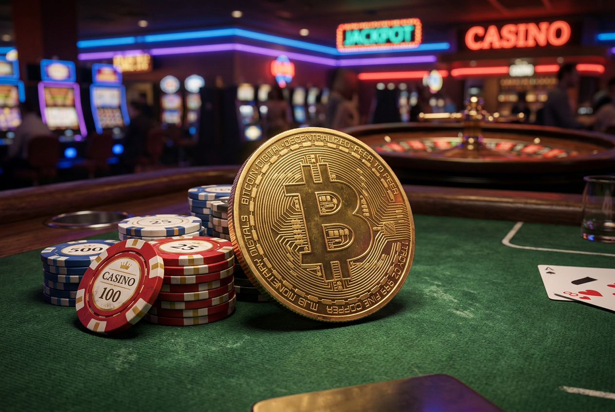 Golden Bitcoin on a green casino felt table with chips