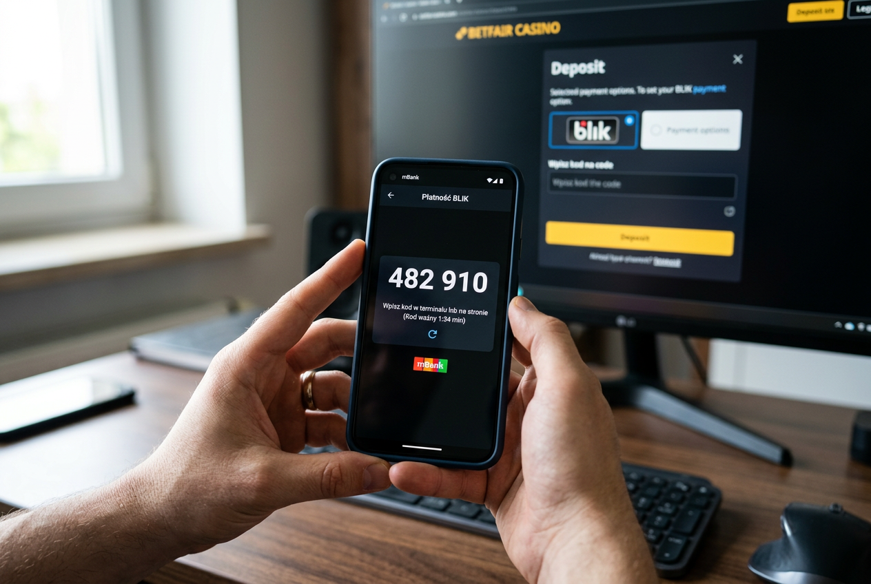 Zbliżenie na smartfon z kodem BLIK podczas płatności w kasynie online