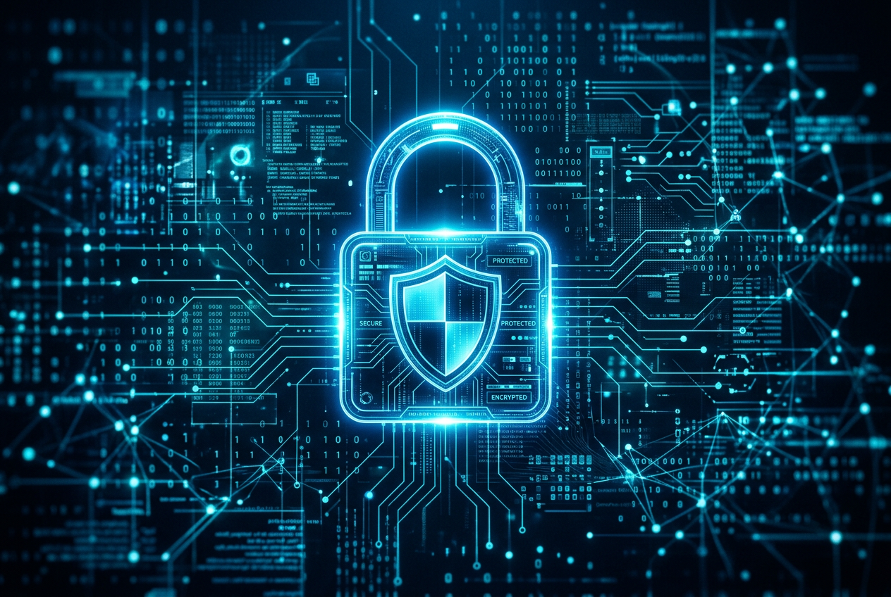 Symbol cyberbezpieczeństwa w kasynie online - tarcza i kłódka na tle cyfrowym