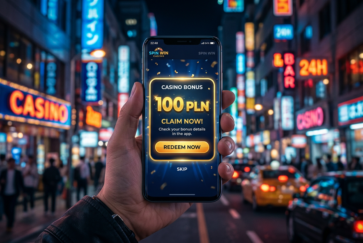 Szczęśliwy gracz odbierający bonus na telefonie z kwotą 100 PLN
