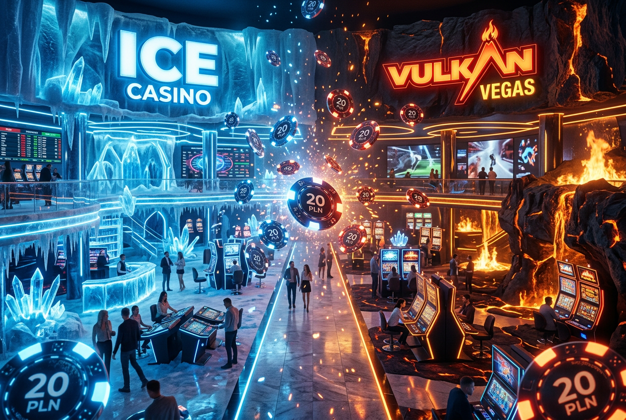 Futurystyczna grafika promocyjna kasyn Vulkan Vegas i Ice Casino
